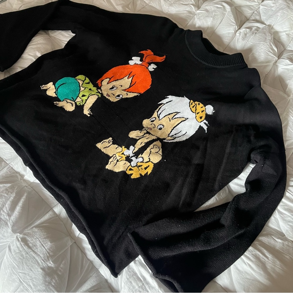 Lazy Oaf Black Sweater with Orange and White Cartoon Characters
